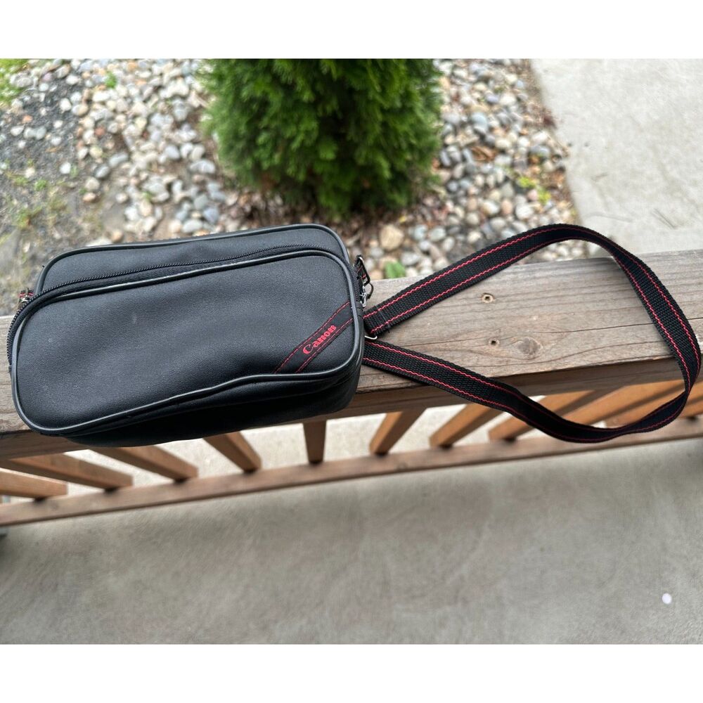 Vintage Canon Black Faux Leather Dual Zip Camera Case Red Stitch Belt Pouch
